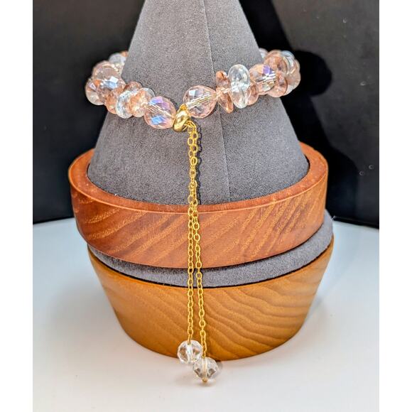 Pink & Clear Crystal Gold Tone Pull Chain Dangle Bracelet - Picture 3 of 5